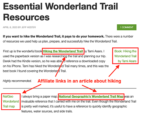 Affiliate links on a snippet of a hiking article MIN a hiking article showing examples of using affiliate links