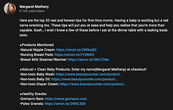 Youtube example of affiliate links on baby video MIN list of affiliate links about baby products on a youtube video