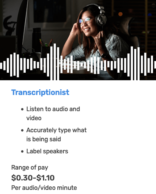 Transcriptionist info from rev MIN image of a women smiling while transcribing audio plus pay info for rev.com