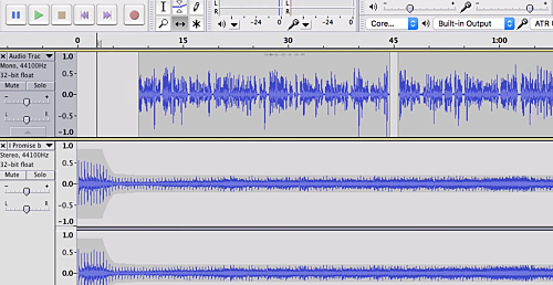a podcast being edited in audacity min sound bars on the audacity software for sound editing