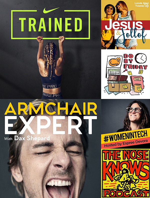 examples of podcasts including nike & dax shepard min assortment of podcast thumbnails including nike & dax shepard